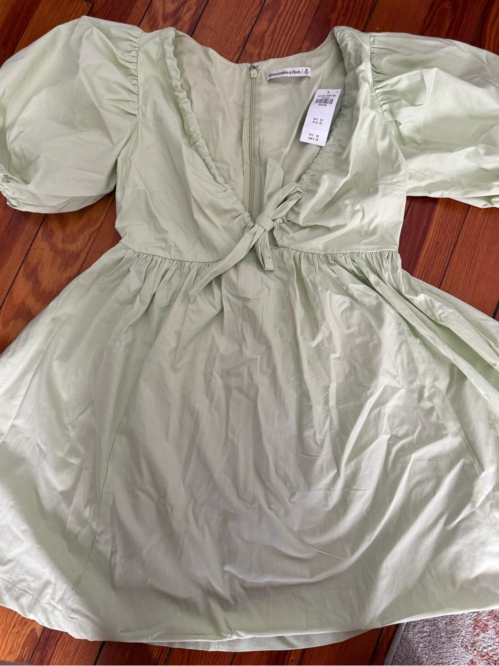 Abercrombie & Fitch Light Green Puff Sleeve Tie-Front Mini Dress